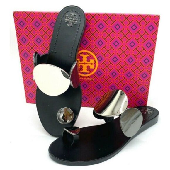 TORY BURCH$348 Patos Multi-Disk Sandal Black Two Tone Metal Silver